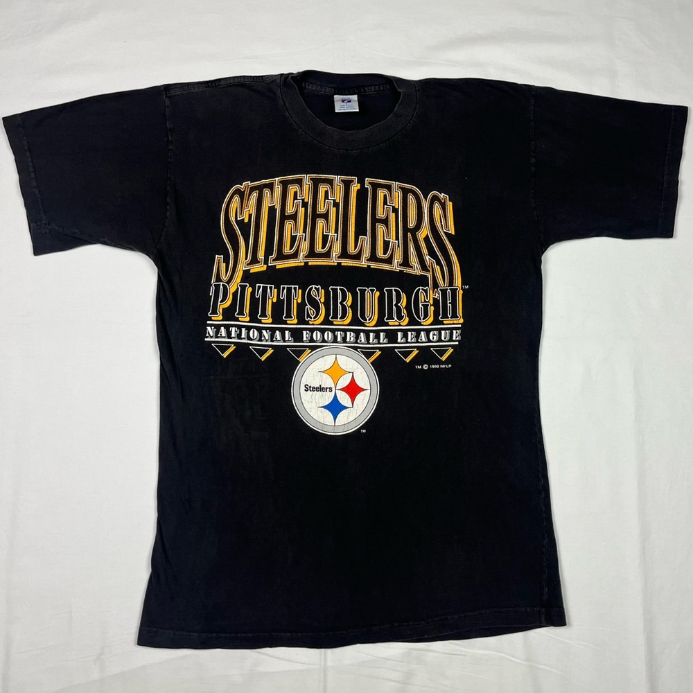 Vtg Logo 7 Pittsburgh Steelers Mens T-Shirt Sz Large 90s Faded Black A4